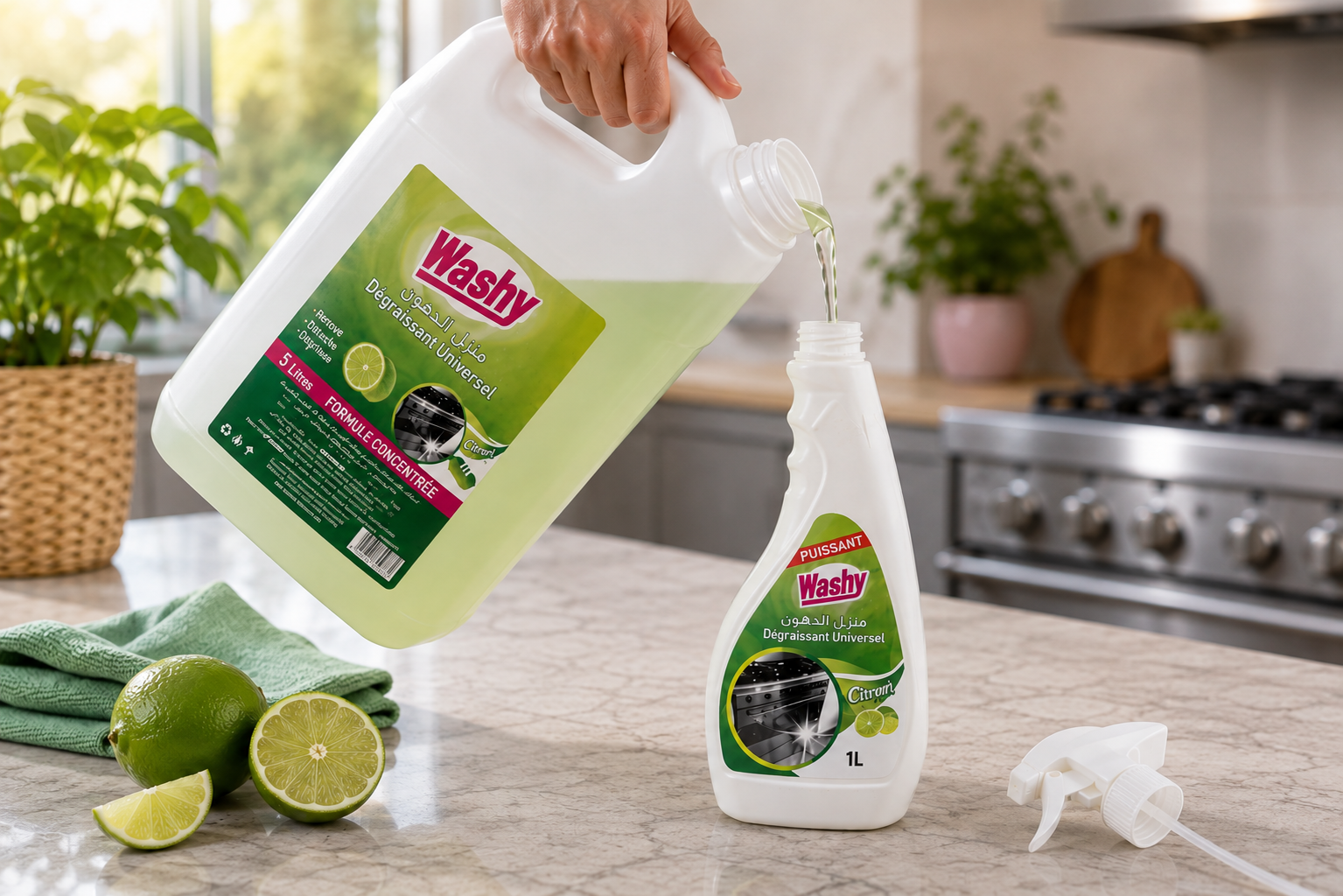 Recharge Washy — versement du bidon 5 L dans le flacon 1 L