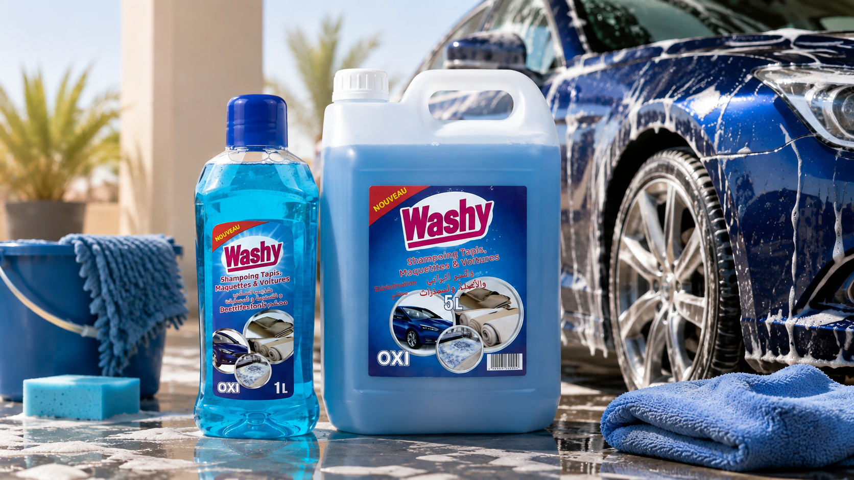 Shampoing Washy OXI Tapis, Maquettes & Voitures en flacon 1 L et bidon 5 L