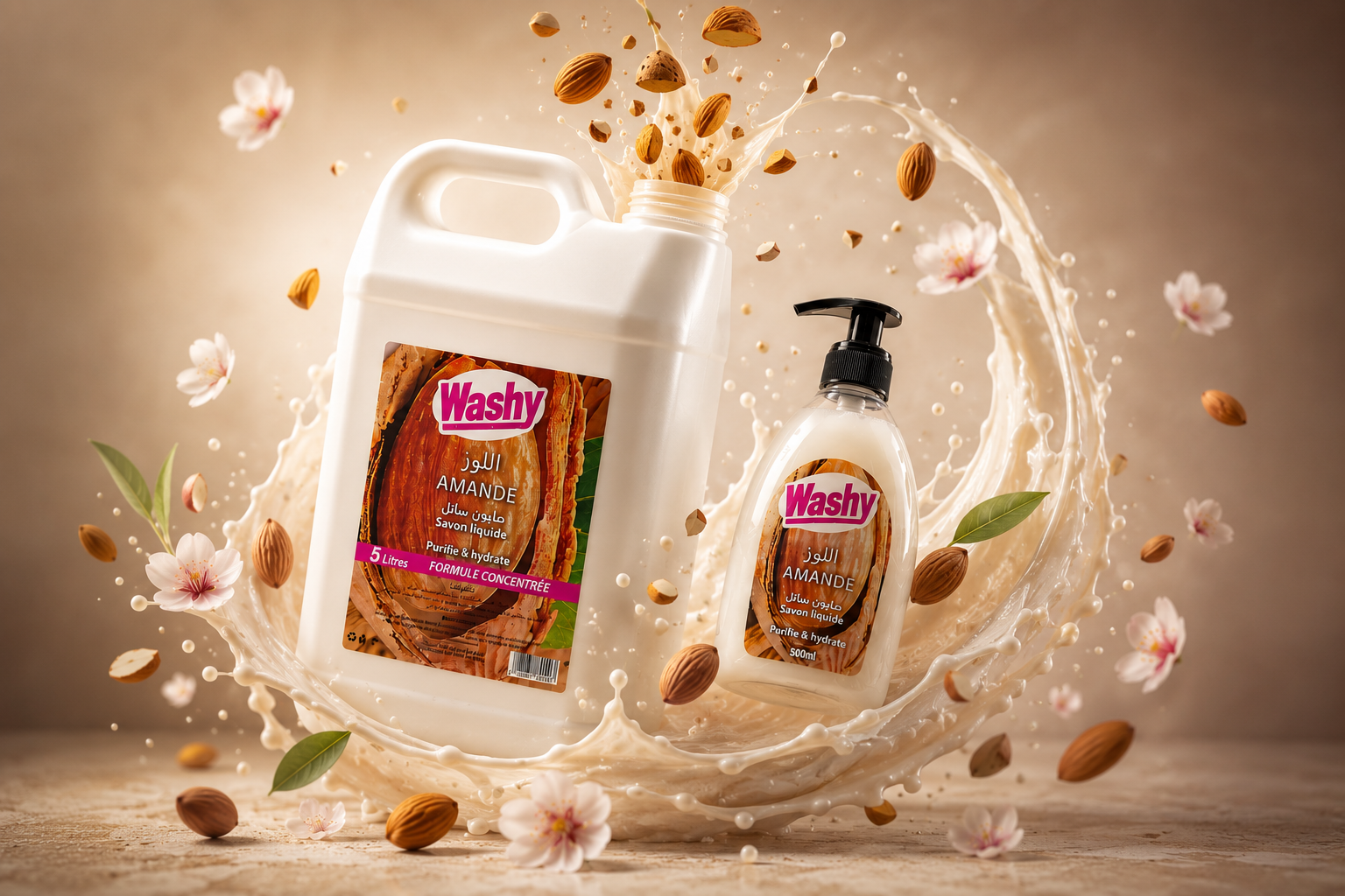 Savon Mains Amande Washy - flacon 500 ml et bidon 5 L