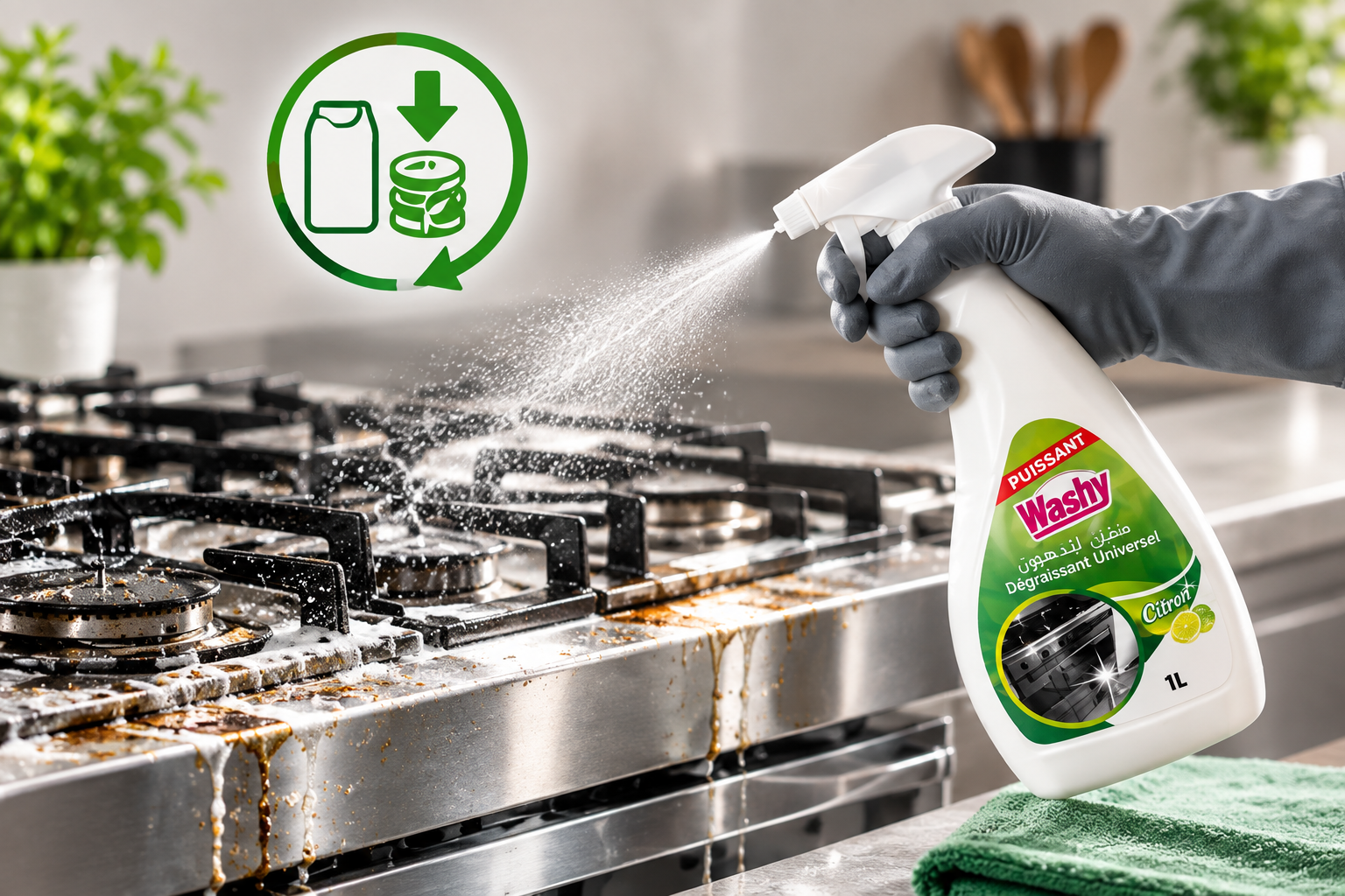 Flacon 1 L Washy — réutilisation sur une surface de cuisine