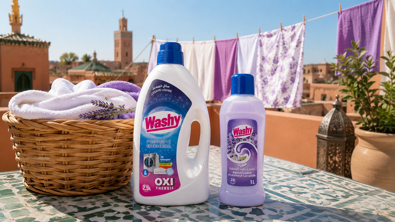 Lessive liquide Washy OXI Énergie 2,5 L et adoucissant Fraîcheur Lavande 1 L